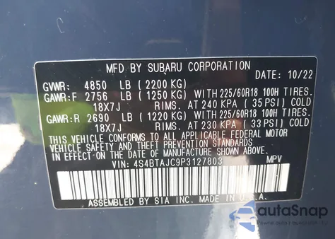 2023 Subaru Outback Onyx Edition z USA, uszkodzony, nr VIN 4S4BTAJC9P3127803